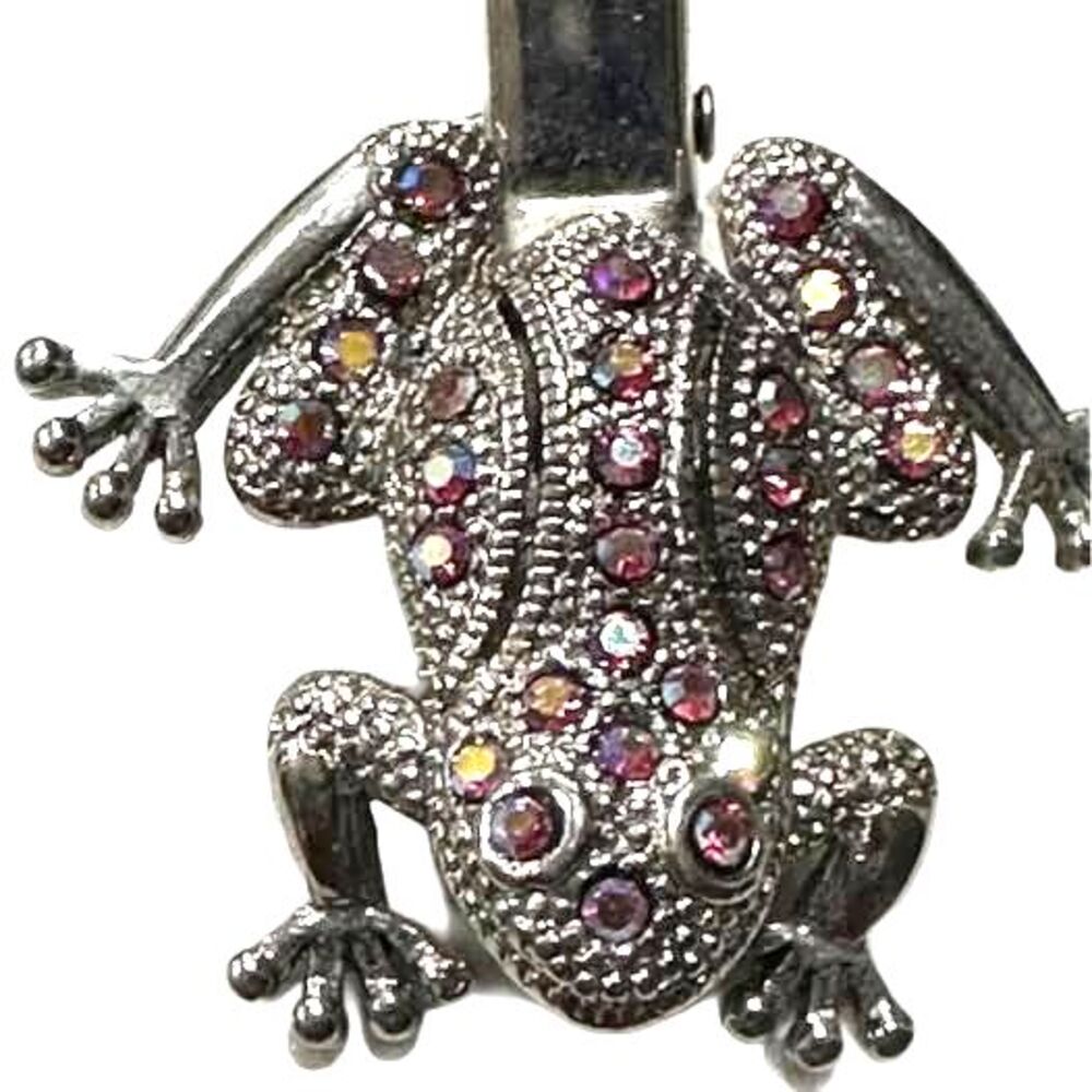 Elegant silver color frog hairpin with sparkling pink gemstones